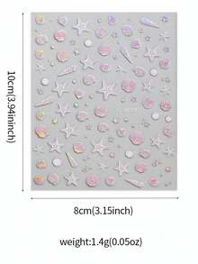 Set de 12 pegatinas de arte de uñas con diseños de conchas arcoíris con láser, coral, estrellas de mar, para primavera y verano, con temática de playa y océano, 3D y coloridos, con estilo de sirena, autoadhesivos para manicura - Multicolor - Ver 8