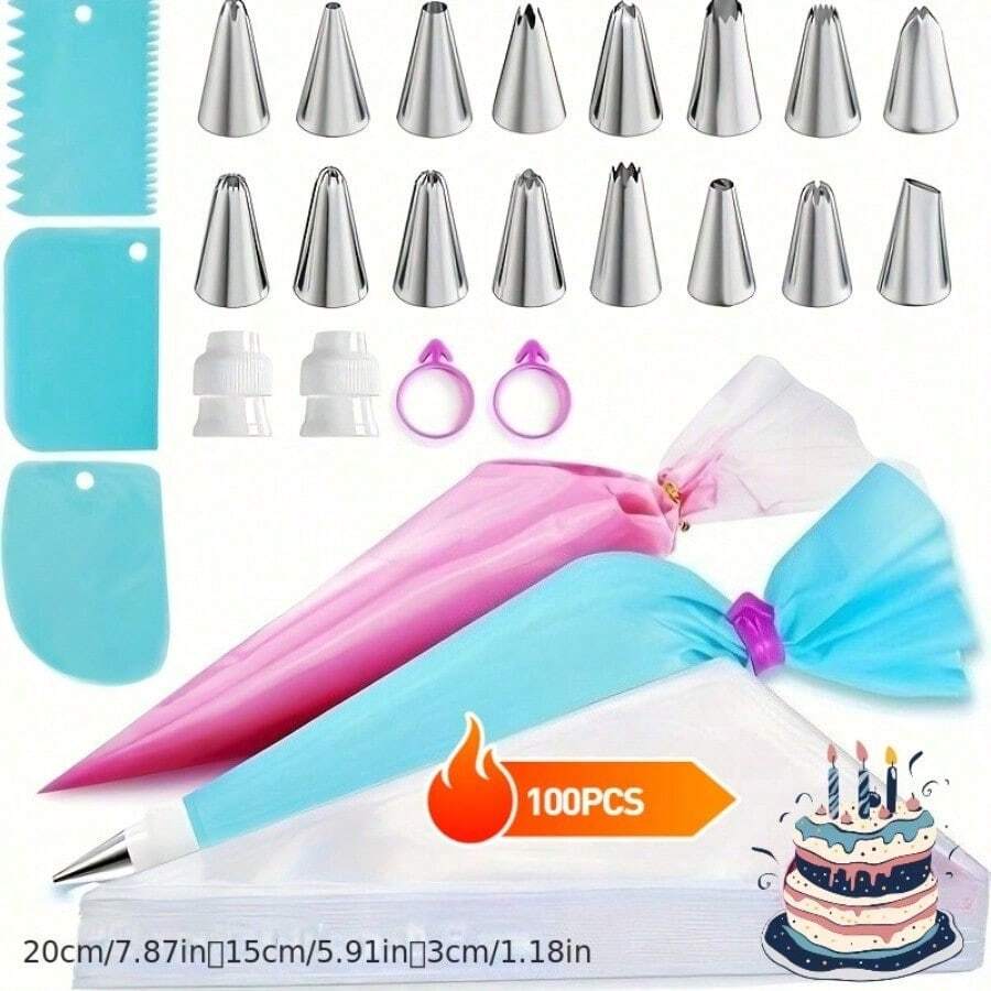 16 Piping Nozzles, 2 Converters, 2 Purple Zip Ties, 3 Blue Cream Scrapers, 1 12 Inch EVA Piping Bag, 100 Disposable Piping Bags, 124 Piece Set, Essential For Baking, Cake Decoration Tool Set, Valentine's Day Gift - 彩色 - 查看 1