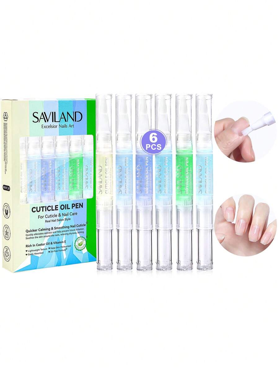 Saviland舒缓角质层护理油笔6支装，植物萃取，蕴含芦荟和维生素E，强韧指甲，促进指甲生长，软化角质层，保湿修复干燥、泛红、脱皮，居家美甲沙龙护理套装