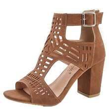 女士凉鞋夏季粗跟搭扣凉鞋女士镂空露趾拉链粗跟高跟鞋 - 卡其色 - 查看 11
