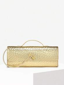 Women's Retro Minimalist Faux Woven Texture Angora Red Vintage Flap Lock Large Capacity Clutch Handbag, Shoulder Bag For Parties, Outings And Daily Use - 金色 - 查看 7