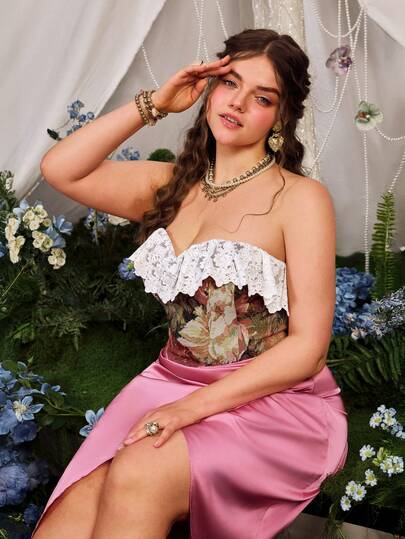 Faeriesty 大码无肩带优雅晚礼服，蕾丝紧身胸衣，缎面开衩裙摆，露背设计，适合婚纱照、新娘写真、浪漫订婚照、花园婚礼和自然主题摄影。