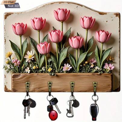 1 pieza Perchero de pared con forma de tulipán rosa, perchero de madera multifuncional para llaves con 4 ganchos de metal, adecuado para decoración de pared, decoración del porche, decoración de habitaciones, decoración de villas y decoración del hogar para todas las estaciones