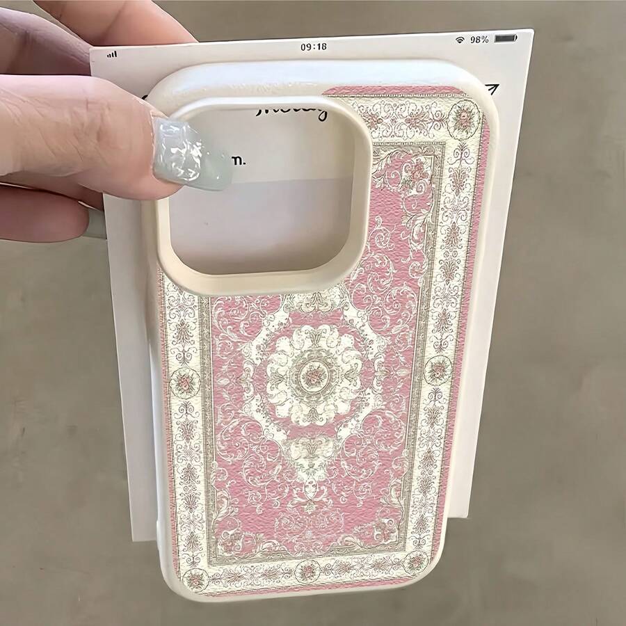 1 pieza Funda de teléfono con protección de lente de textura de lichee blanco mate minimalista, patrón retro de rombos florales, compatible con iPhone 16 Pro Max, 17/16/15/14 Plus, 13/12/11, Air, Series - Multicolor - Ver 1