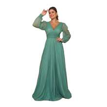 Elegant Women's Long Dress With Long Sleeves And Pleats, Suitable For Bridesmaids, Bridesmaids, Mothers Of The Bride, Groomsmen, Weddings, Graduations, And Evangelical Fashion. - 薄荷綠 - 查看 2