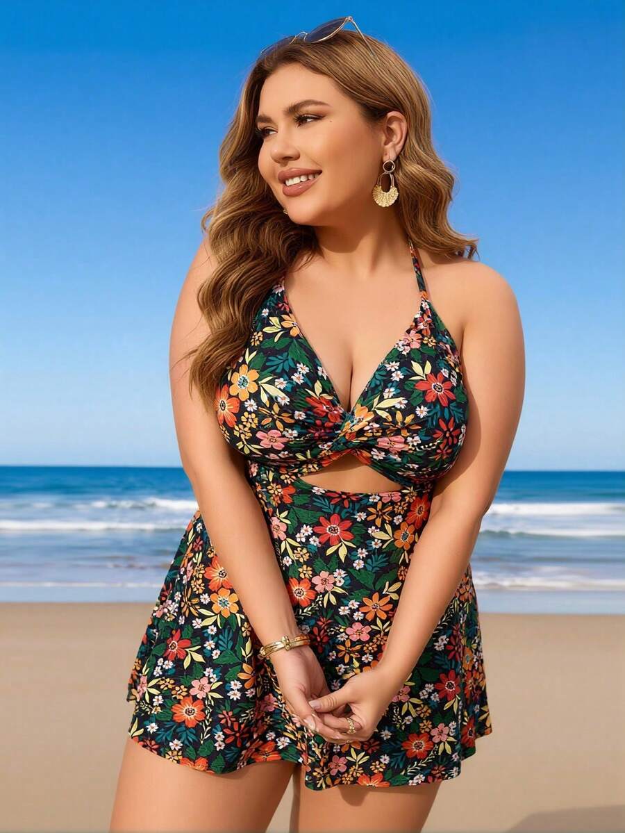 2026 New Plus Size Women's Sexy Fashion Vintage Floral Halter Twist One-Piece Swimdress For Vacation & Leisure - Nhiều màu - Xem 1