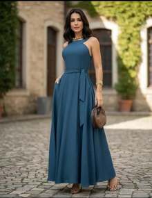 Elegant Women's Long Dress With Wide Straps, Defined Waist With Belt, Casual Chic, Simple, With A Knot, For Weddings. - 寶藍色 - 查看 2