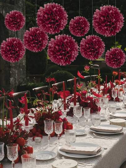 18 piezas/6 sets Flores de papel decorativas de color borgoña en forma de bolas colgantes - Adecuado para el Día de San Valentín, compromiso, boda, despedida de soltera, aniversario, fiesta de cumpleaños, regreso a la escuela, decoración colgante para el hogar y exteriores