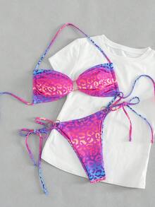 2026 女士夏季沙滩比基尼两件套，优雅性感露背泳衣，适合海滩度假，款式多样，包括吊带三角比基尼、豹纹印花和系带露背设计。 - 彩色 - 查看 5