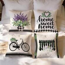 4pcs Black & White Plaid, Stripe, Floral, Bicycle Pattern Pillow Covers, Single-Sided Printed Cushion Covers, Suitable For Living Room, Bedroom, Home Decor, All Seasons - Multicolor - View 8