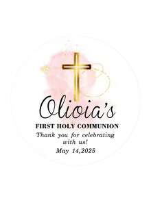 35张个性化洗礼感谢贴纸 - 圆形 (4x4厘米)，优雅的十字架和花卉设计，可定制活动详情，宗教场合的珍贵礼物，适合父母、教父母和家人使用，是洗礼、初领圣体和庆祝活动的理想之选，为礼品包装和场地装饰增添难忘的氛围 - 多色1 - 查看 12