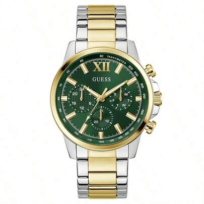 Guess GW0900G5 Men's Quartz Watch, Green Dial Chronograph, Gold Silver Two-Tone Stainless Steel Strap, Luxury Business Casual Wristwatch
