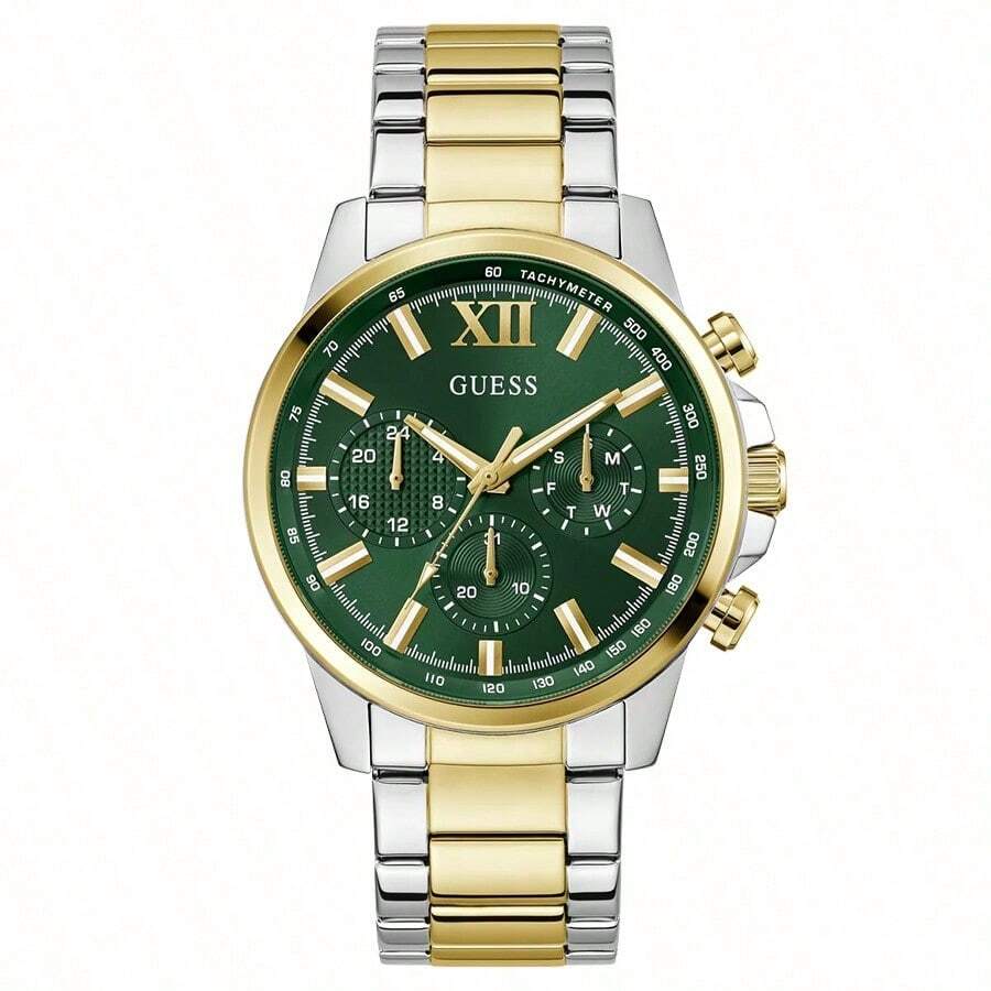Guess GW0900G5 Men's Quartz Watch, Green Dial Chronograph, Gold Silver Two-Tone Stainless Steel Strap, Luxury Business Casual Wristwatch - Green - View 1