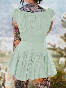 Women Summer Short Dress Solid Color Ruched Bust Boat Neck Off Shoulder Puff Sleeve A-Line One Piece For Ladies - Mint Green - View 3