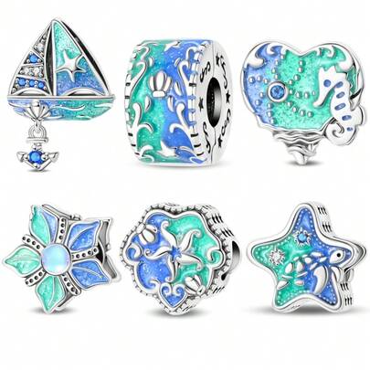 镀银海洋系列 - 帆船贝壳海星珠，适用于3毫米手链，DIY手链吊坠，女士时尚饰品，节日生日礼物