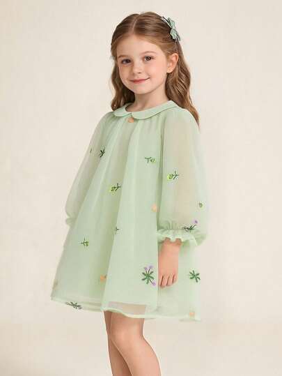 mini bala 2-6Y Baby GirlChinese Style Embroidered Mesh Dress, Soft & Sweet, Spring 2026