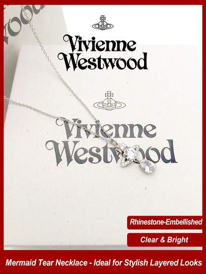 Vivienne Westwood Ismene Collection Mermaid Tear White Rhinestone Necklace Silver, Brass