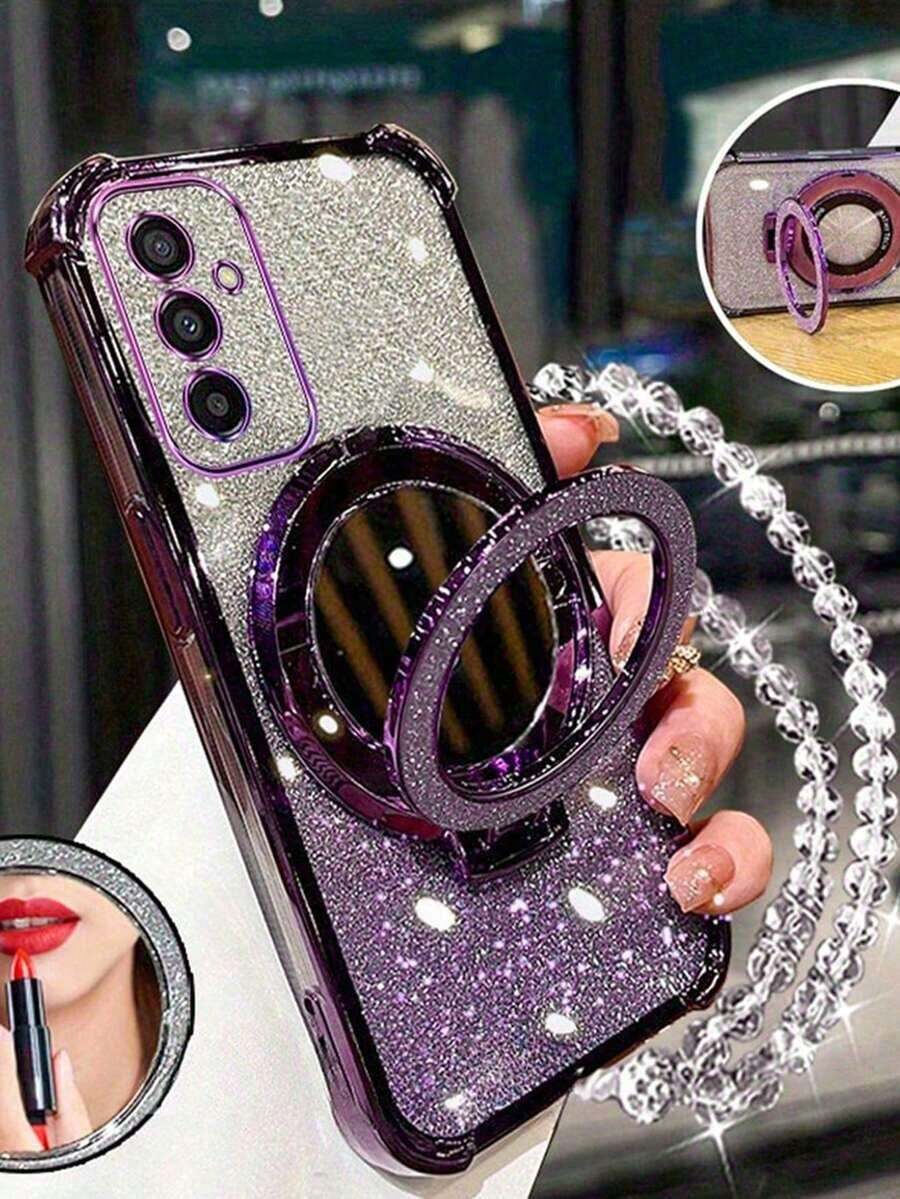 New Phone 17 Four Corner Anti Drop Case+Sparkling Pink Paper Pearl Hanging Rope Sparkling Pink Circular Makeup Mirror Magnetic Bracket Integrated Phone Case Compatible With IPhone 17 Pro 16 Pro Max Air Compatible With Samsung Galaxy S25/S25Plus/S25Ultra A07 A17 XM HW  A5 - 紫色 - 查看 1