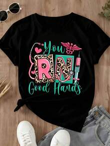 Crewneck T Shirt With You Rn Good Hands Leopard Print Stethoscope And Syringe Design For Nurses Work Or Casual Wear - màu đen - Xem 2