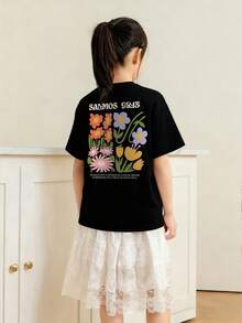 少女学生休闲印花圆领短袖T恤，夏季上衣 - 黑色 - 查看 2