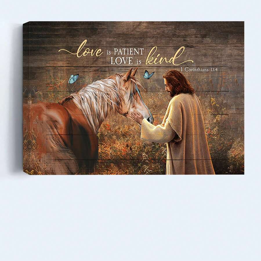 1 Piece Of Inspirational Wooden Framed Canvas Wall Art - Love Is Patience, Love Is Kindness Horse And Natural Scenery Print - Religious Home Decor, Suitable Living Room, Bedroom, Housewarming - Ready To Hang - Multicolor - View 1