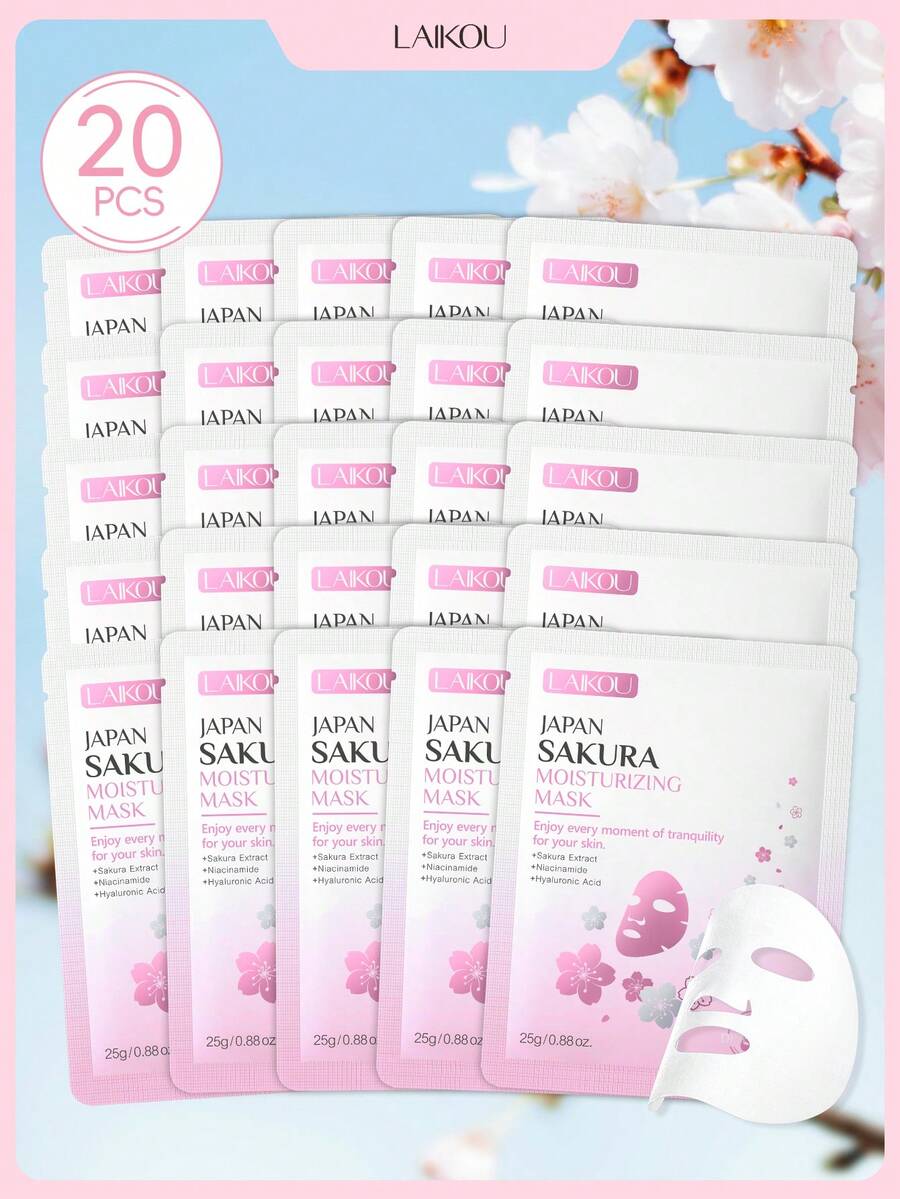 LAIKOU 20片莱寇日本樱花保湿面膜，25克水润亮肤修护面膜，适合所有肤质，女士及女孩自用美容礼品