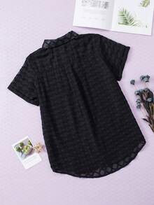 Acelitt Women Casual Solid Color Mesh Patchwork Lapel Single-Breasted Shirt, Summer - Black - View 8