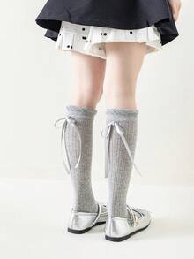 1/3 Pairs Minimalist Spring/Summer Girls Lace Bow Mid-Calf Socks, Versatile Breathable Sweet Cute Princess Leg Warmers, Casual Daily/School Wear - Multicolor - View 5