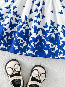夏季女婴休闲可爱罗纹拼接蝴蝶印花短袖连衣裙 - 藍色 - 查看 7
