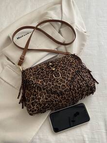 2026 Fringe Retro Leopard Print Crossbody Bag - Brown - View 9