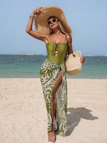 Bikinx 2026 女士优雅泳装两件套：吊带镂空串珠连体泳衣搭配树叶印花网纱系带裙，适合海滩度假夏季穿着 - 綠色 - 查看 4