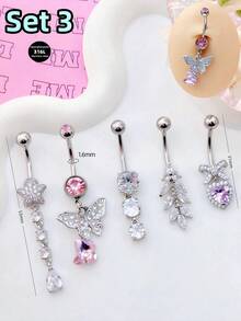 Morlyda 5件套可爱粉色钢制肚脐环,包含蝴蝶、爱心、花朵、十字架、水母、星星吊坠款式,适合日常、派对、度假佩戴,是送给女性和女孩的绝佳圣诞礼物。 - 粉色 - 查看 12