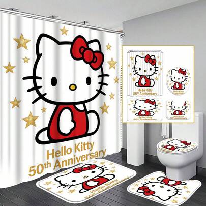 1/4pc Bathroom Set, Classic White Background With Red Bow And Gold Star Pattern, Includes Waterproof Polyester Shower Curtain, Non-Slip Bathroom Mat, U-Shaped Rug, And 12 Hooks - Modern Style, Suitable For Home Décor, Bathroom Decor, And Accessories; Opaque, Easy To Clean And Care For; A Beautiful Housewarming Gift - Suitable For All Seasons.