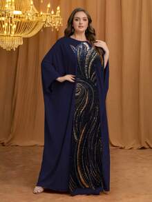 [Random Cut] Plus Size Women's Round Neck Batwing Sleeve Long Luxury High-End Elegant Sequin Patchwork Matte Satin Shawl Dress [With Waist Belt] Fall - Royal Blue - View 1