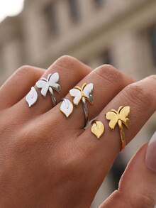 Set de 3 piezas/1 pieza de anillos de acero inoxidable con estilo - Anillo minimalista abierto de 304, accesorio exquisito inspirado en la naturaleza, adecuado para uso diario, fiestas, bodas, regalos de cumpleaños - Multicolor - Ver 5