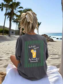 Cute Pattern Short-Sleeved Shirt, But My Jesus He's Making Lemonade. Cartoon Letter Pattern Printed Women's T-Shirt, Suitable For Various Occasions, As A Gift For Festivals, Birthdays, Beach Music Festivals, Casual And Versatile Comfortable, Beach Vacation, Fashionable And Simple, Suitable For Daily Wear By Women And Girls. - 深灰色 - 查看 1