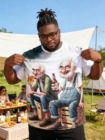 Plus Size Men's Short Sleeve T-Shirt With Beer And Old Man Print, Hawaiian Resort Round Neck T-Shirt, Casual Funny Graphic Tee, Lightweight 3D Digital Print Summer T-Shirt