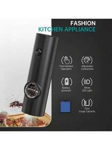 【1个/2个可选】电动盐和胡椒研磨器，电池供电，方便使用（不含电池），双包装带底座，实用白色LED灯，粗细可调，一键操作，时尚黑色设计。 - 彩色 - 查看 5