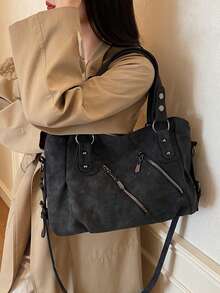 Retro Minimalist Large Capacity Fashion Student/Work Commute Tote Bag - Black - View 8