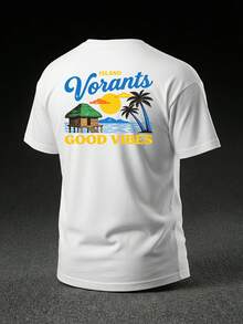 Men's Casual Summer Vacation Style Printed T-Shirt, Coconut Tree & Island Graphic, Suitable For Daily Wear, Unisex - White - View 5