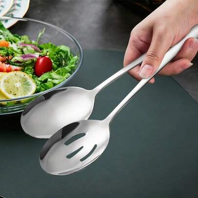 A Set Of 2pcs/6pcs Of Silver-Colored Serving Utensils Includes A Serving Spoon And A Slotted Spoon. Made Of High-Quality Stainless Steel, These Buffet Spoons Are Perfect For Parties, Buffets, Weddings