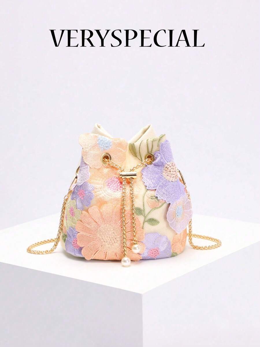 1pc Colorful PVC Floral Embroidered Mesh Sequined Pearl Decor Bucket Bag, New Resort Style Shoulder/Crossbody Bag, Fashion & Versatile (Floral Pattern Randomly Sent)