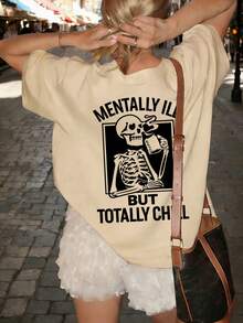 Women's Summer New Simple Slogan Print Casual Vacation Loose Fit Round Neck Short Sleeve T-Shirt, Fashionable Everyday Top, Suitable For Daily And Vacation Wear. Women's T-Shirt Top. - Apricot - View 5