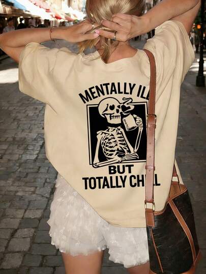 女士夏季新款简约标语印花休闲度假宽松圆领短袖T恤，时尚日常上衣，适合日常和度假穿着。女士T恤上衣。