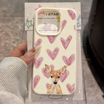 1 pieza Funda de teléfono de material TPU con patrón de corazón rosa dulce y ciervo, adecuada para iPhone 17 Pro Max/17/16 Pro Max/15/13/12/11, S20 FE/A15/S24/A55, Note 11/Note 12/Note 13 Pro, protección suave antideslizante de cobertura completa