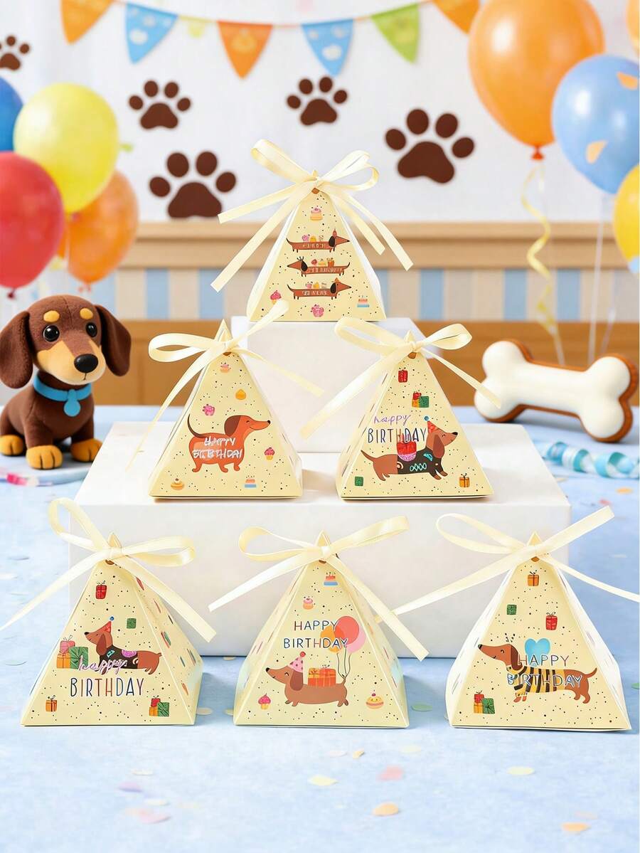 12个装腊肠犬三角礼盒，带丝带，混合腊肠犬主题生日礼物包装盒，生日礼物盒，糖果盒，巧克力盒，生日快乐礼物包装用品，婴儿派对礼物包装装饰，生日派对用品，生日礼物，派对回礼盒