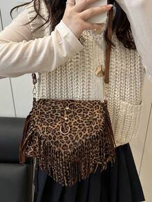 2026 Fringe Retro Leopard Print Crossbody Bag - Brown - View 5