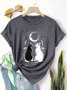 简约可爱猫咪印花宽松灰色T恤，时尚复古风，街头潮流，圆领短袖，大码女款T恤，休闲夏季 - 深灰色 - 查看 2