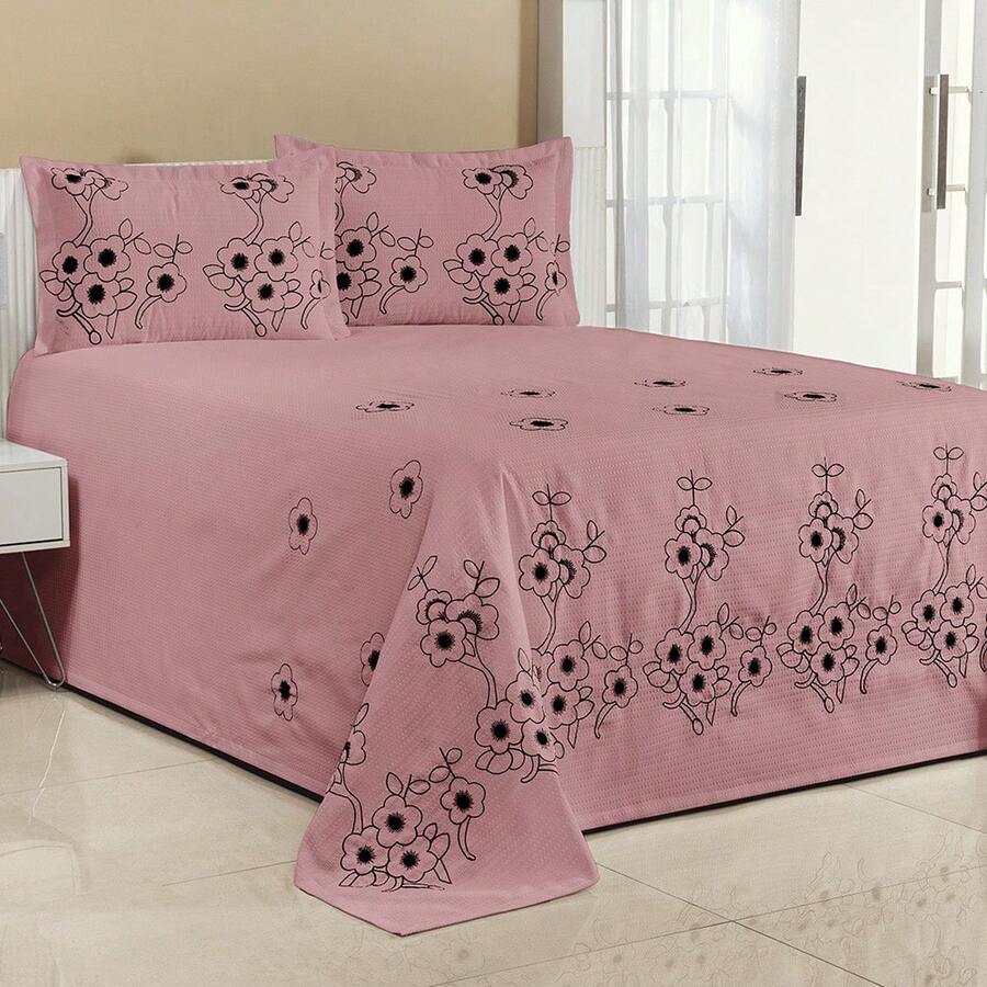 Florence Embroidered Bedspread 3 Pieces MICROPERCAL Various Sizes - Salmon - View 1