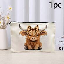 1pcs Charming Highland Cow Themed Cosmetic Bag - Lightweight, Odorless Polyester Toiletry Pouch, Suitable For Nature Lovers And Women, Cartoon Fun Multi-Functional Canvas Bag, Essential Makeup Bag. Perfect Mother's Day Gift, Suitable For Vacation, Beach, Bathroom, Bedroom, Large Capacity - White - View 6